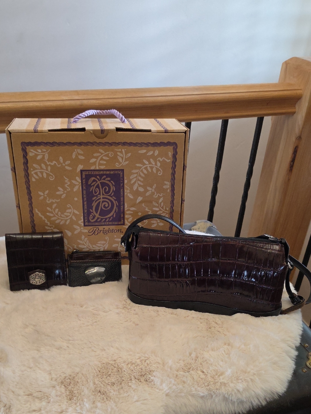 Brighton Croc-Embossed Leather Bag and Wallet Set in Deep Brown